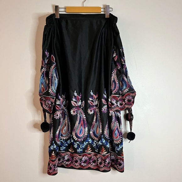 Nicole Miller Black Embroidered Boho Paisley Midi Dress Size 10 - Picture 1 of 12